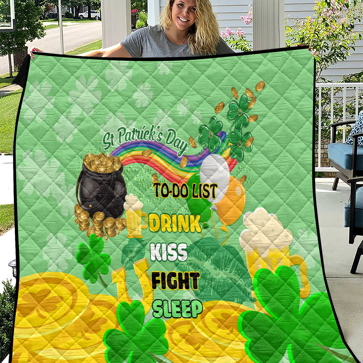 St. Patrick’s Day quilt, green and yellow shamrock design with to-do list text