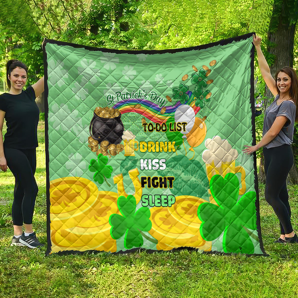 St. Patrick’s Day quilt laid flat with rainbow, clovers, and to-do list lettering