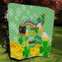 St. Patrick’s Day quilt, green and yellow shamrock print with cauldron graphic