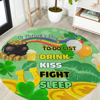 Green round St. Patrick's Day shamrock carpet with To-Do List, Drink, Kiss, Fight, Sleep text