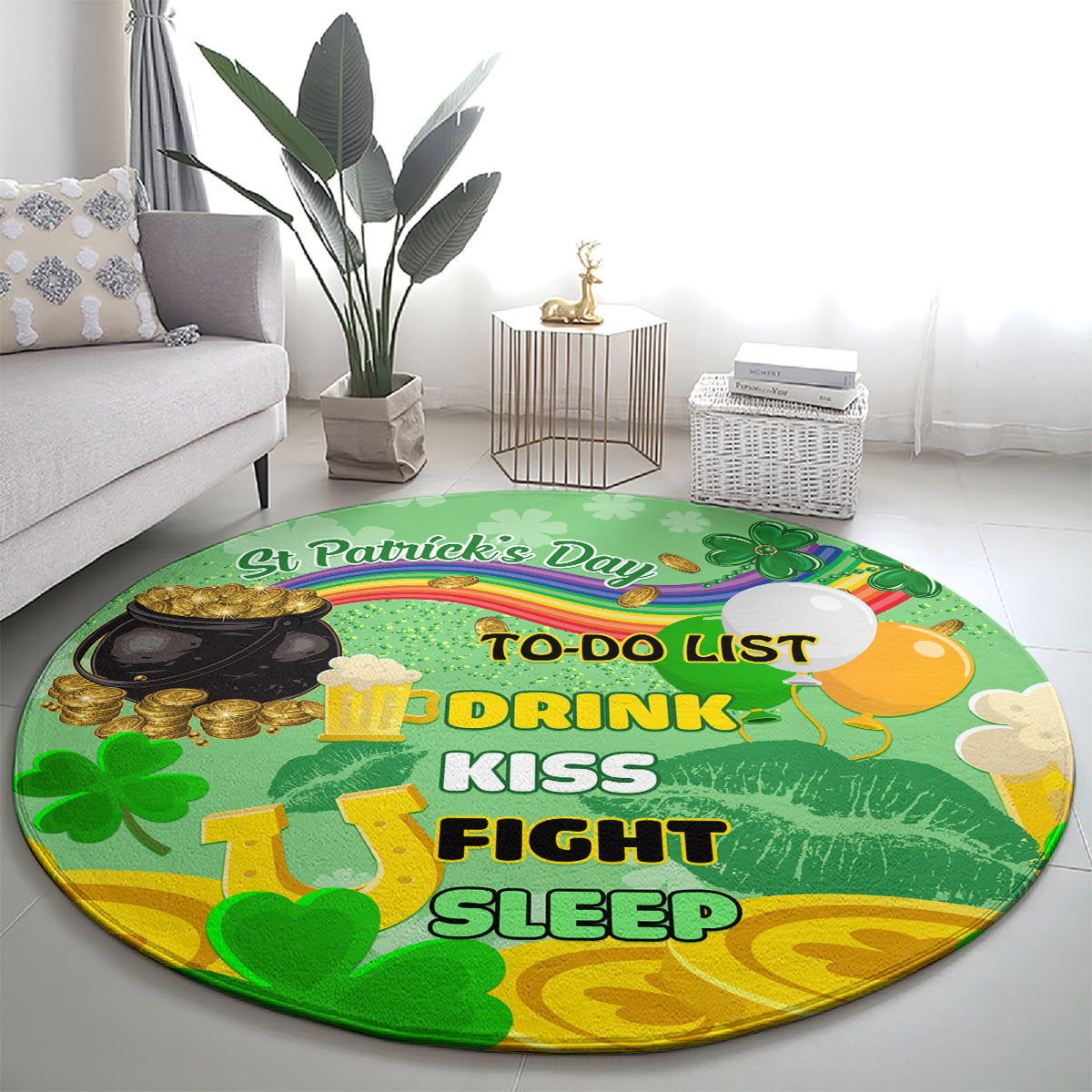 Green round St. Patrick's Day shamrock carpet with To-Do List and clover graphics