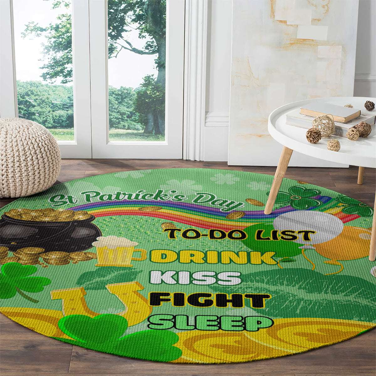 Green round St. Patrick's Day shamrock carpet with To-Do List, Drink, Kiss, Fight, Sleep