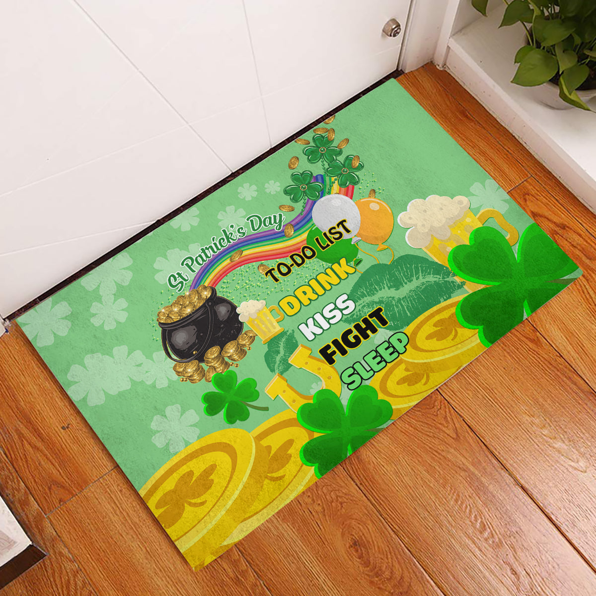 Green rubber doormat with St. Patrick's Day to-do list, shamrocks, coins and pot of gold