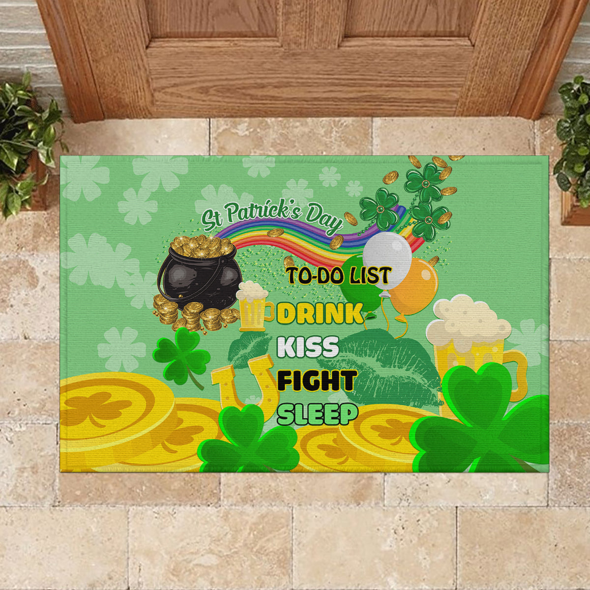Green rubber doormat with St. Patrick's Day to-do list, shamrocks, beer mug and pot of gold
