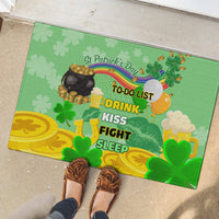 Green rubber doormat featuring St. Patrick's Day to-do list, beer mug, kisses and shamrocks
