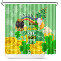 Green shower curtain with shamrocks, rainbow, pot of gold, and 'To-Do List' graphic