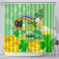 Green shower curtain with shamrocks and pot of gold, 'To-Do List' drink kiss fight sleep
