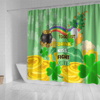 Green St. Patrick's Day shower curtain with shamrocks, rainbow, and gold coins graphic