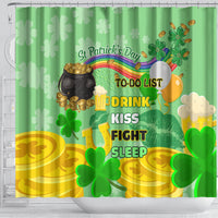 Green shower curtain with shamrocks, pot of gold, and 'To-Do List' drink kiss fight sleep