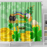 Green shower curtain with shamrocks, rainbow, and 'To-Do List' drink kiss fight sleep