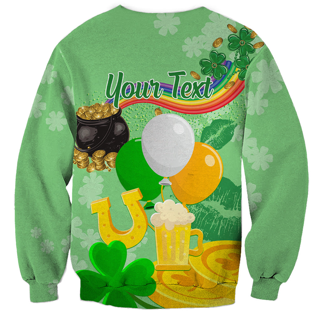 Green unisex St. Patrick's Day sweatshirt with clovers and 'Your Text' placeholder