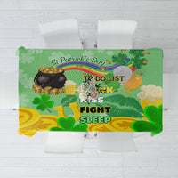 Green shamrock tablecloth with “St Patrick’s Day To-Do List” text and leprechaun graphics