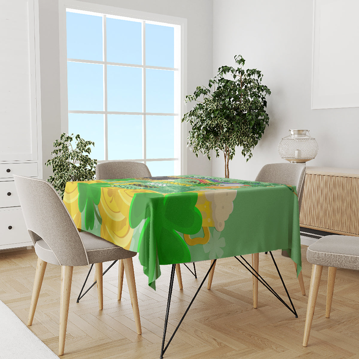 Green and gold shamrock tablecloth covering dining table in bright room