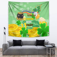 Green St. Patrick's Day tapestry showing shamrocks, cauldron, and 'Drink Kiss Fight Sleep'