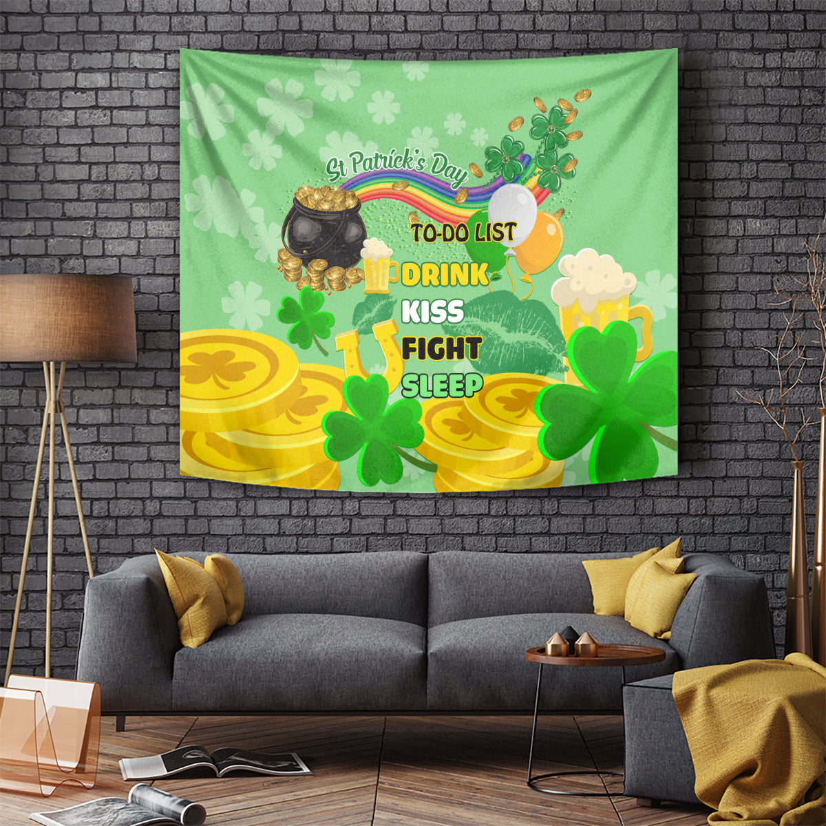 Green St. Patrick's Day tapestry featuring shamrocks, gold coins, and To-Do List graphic