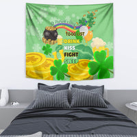 Green St. Patrick's Day wall tapestry with shamrocks, cauldron, and bold task list