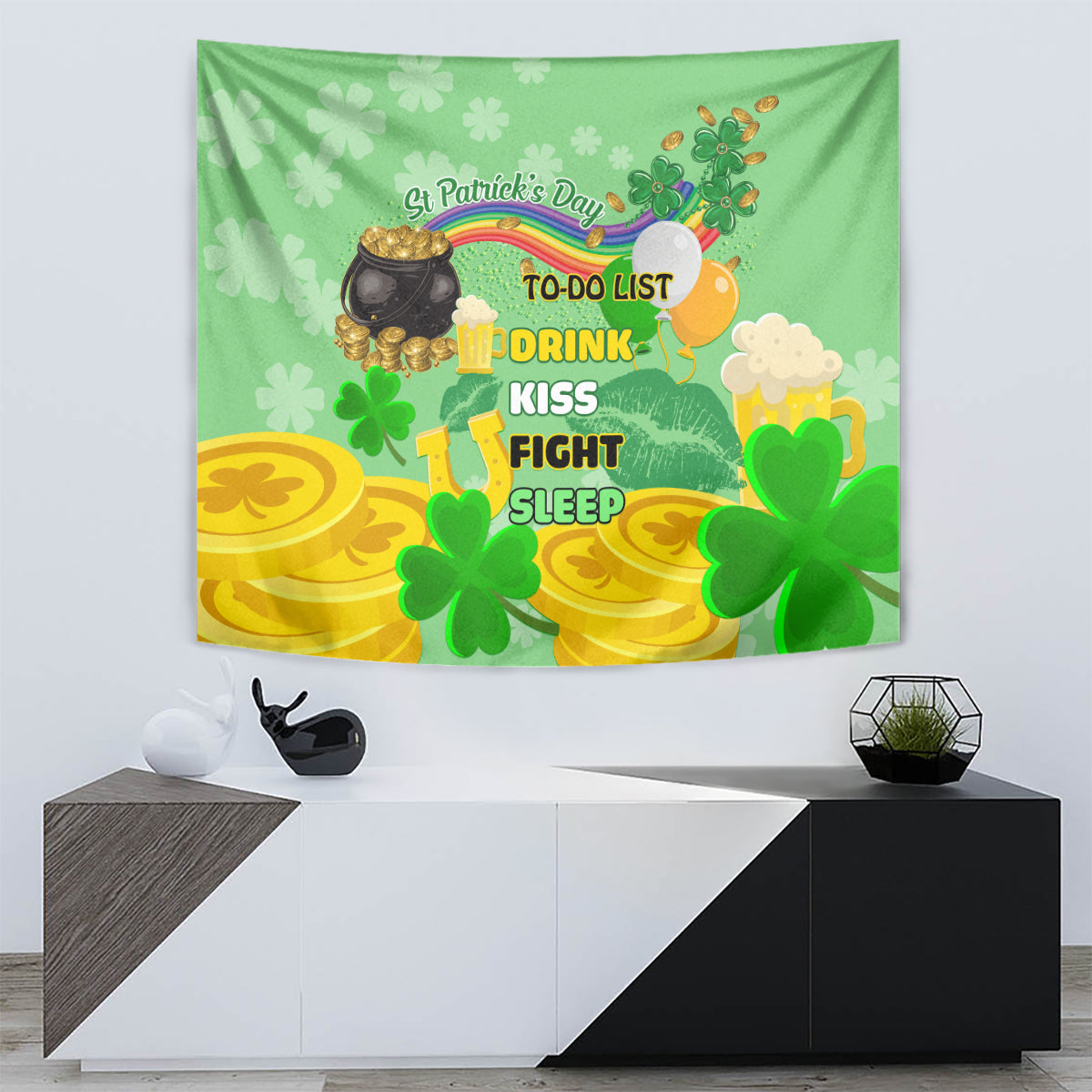 Green St. Patrick's Day tapestry with shamrocks, rainbow, and 'Drink Kiss Fight Sleep' text
