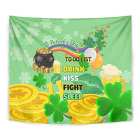 Green St. Patrick's Day tapestry with shamrocks, gold coins, and task list design