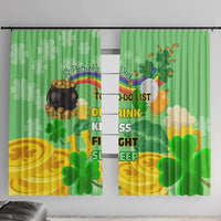 Green St. Patrick's Day window curtains featuring shamrocks, pot of gold and quote text