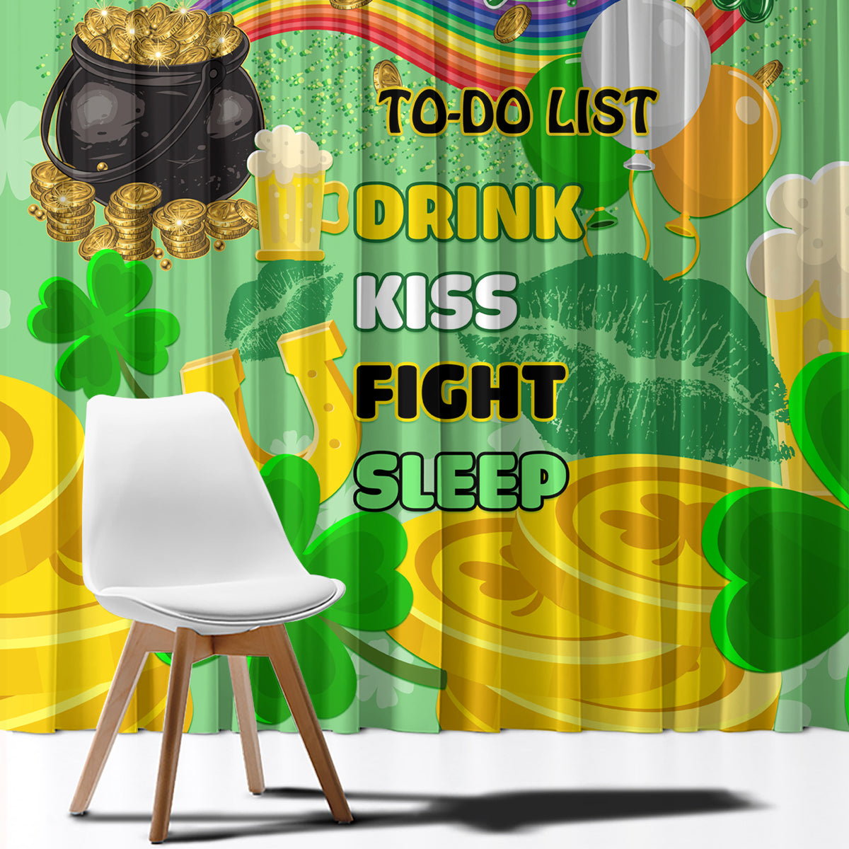 Green St. Patrick's Day curtain panel with shamrocks, rainbow, and “To-Do List” wording