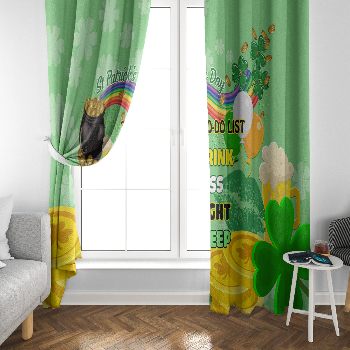 Green St. Patrick's Day window curtains with shamrock pattern and pot-of-gold print