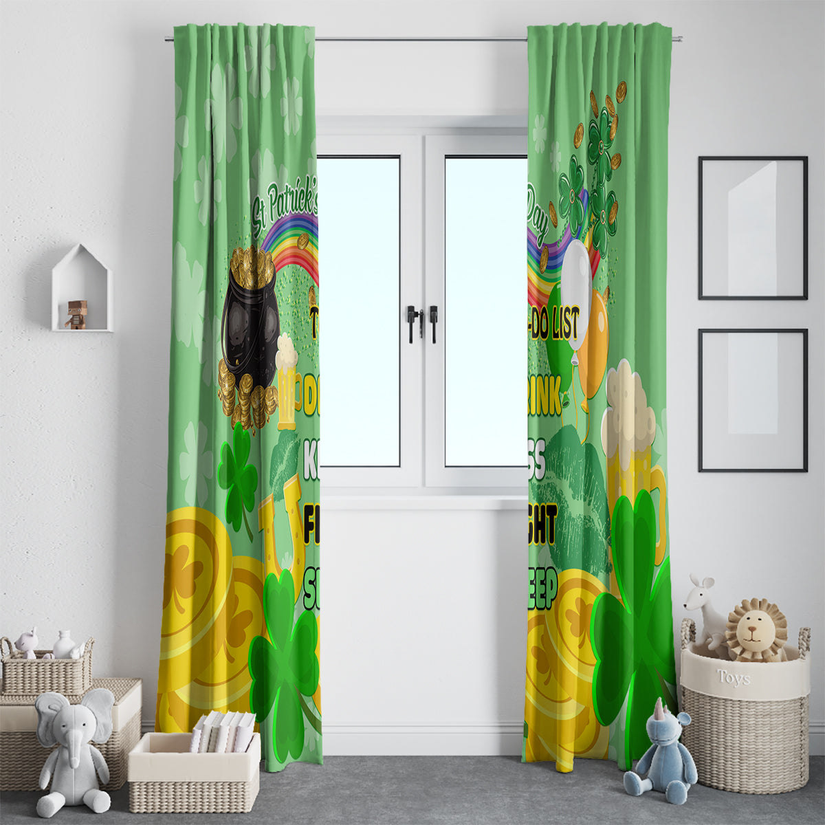Green St. Patrick's Day curtain panels with clover print and rainbow “To-Do List” theme