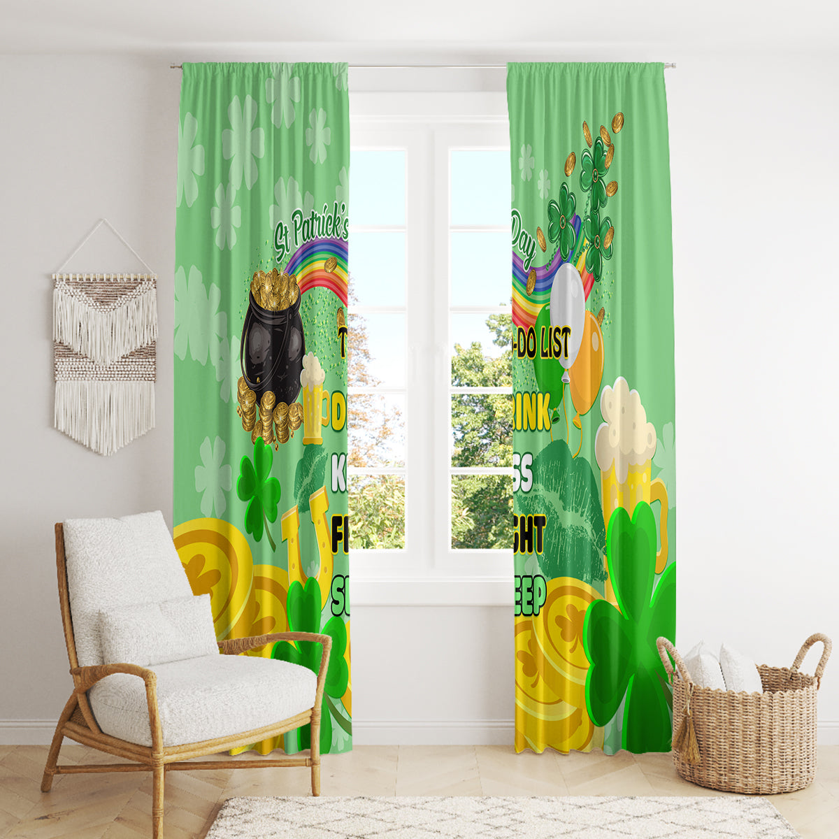 Green St. Patrick's Day window curtains with shamrocks, rainbow and To-Do List print