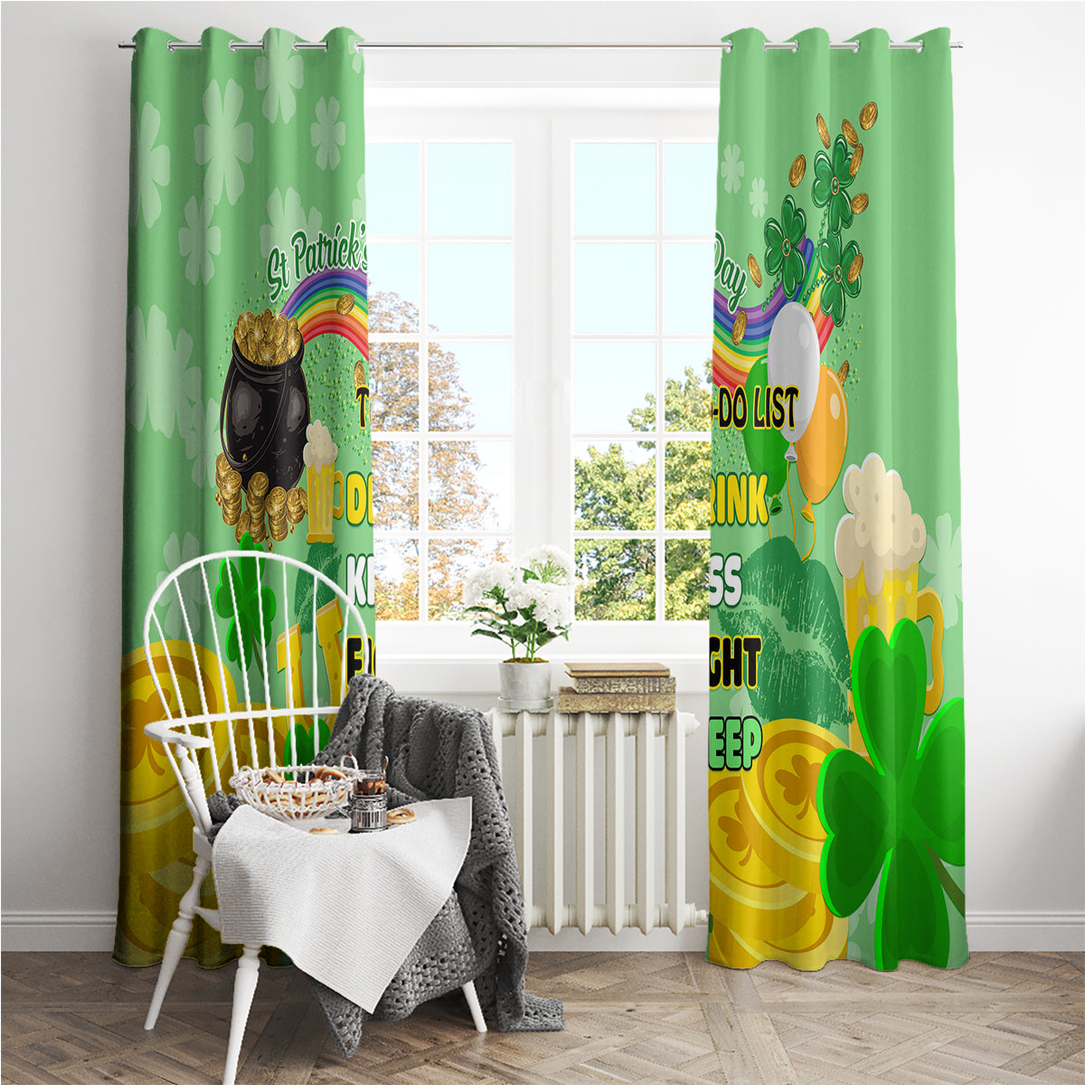 Green St. Patrick's Day window curtains with shamrocks, pot of gold and rainbow text