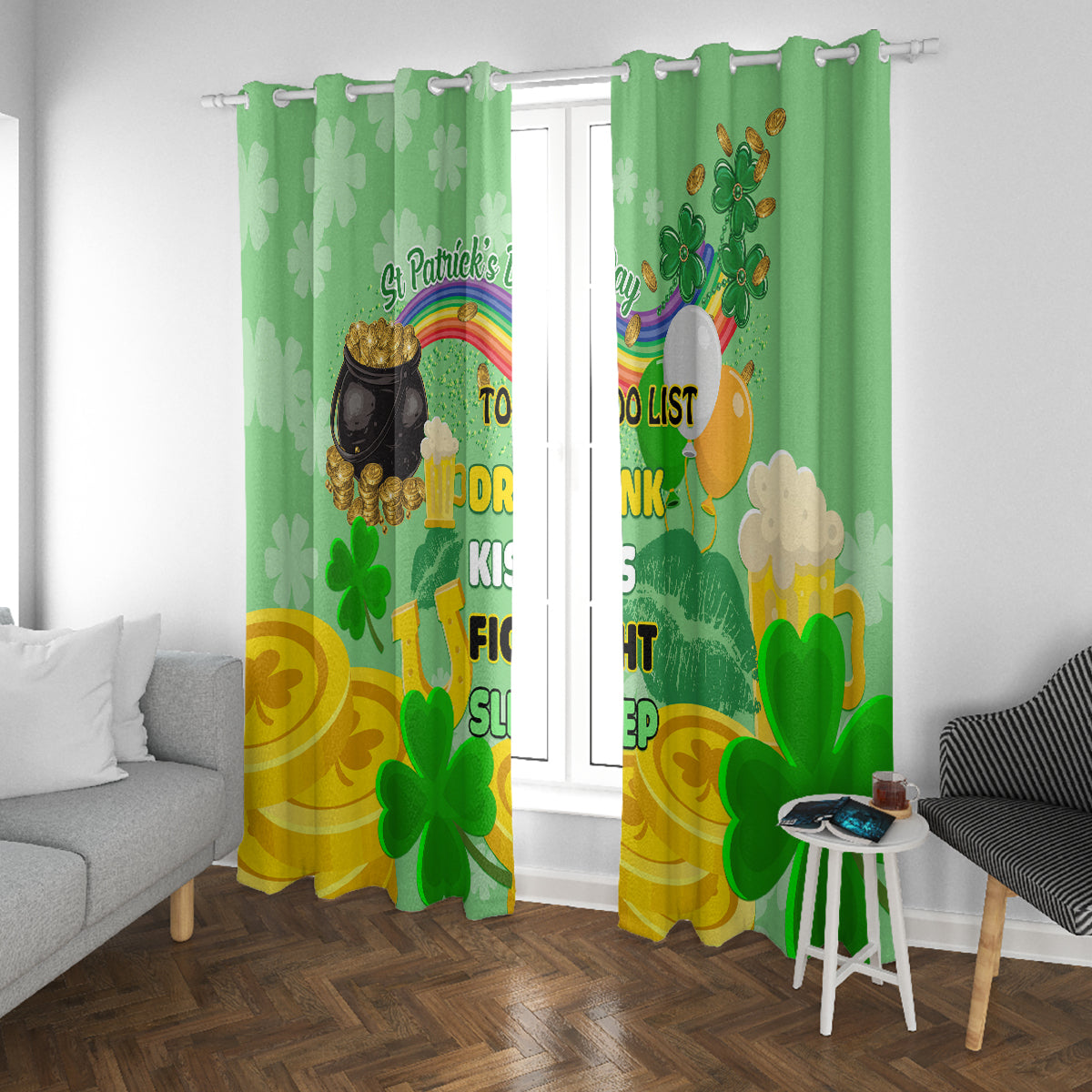 Green St. Patrick's Day curtain panels with clovers and To-Do List design by window