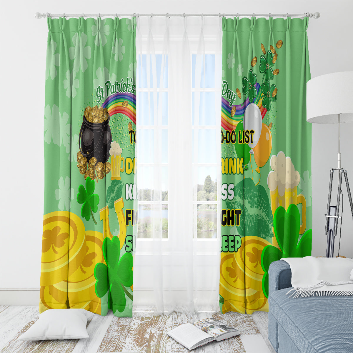 Pair of green St. Patrick's Day window curtains with clovers and colorful To-Do List text