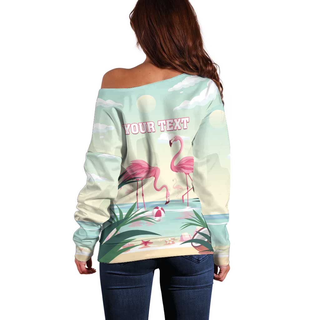 Off-shoulder mint sweater back with 'YOUR TEXT' and flamingo print, long sleeves