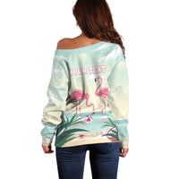 Off-shoulder mint sweater back with 'YOUR TEXT' and flamingo print, long sleeves