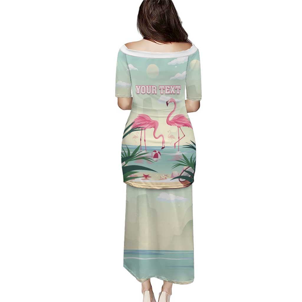 Flamingo-print long beach dress with "YOUR TEXT", short sleeves