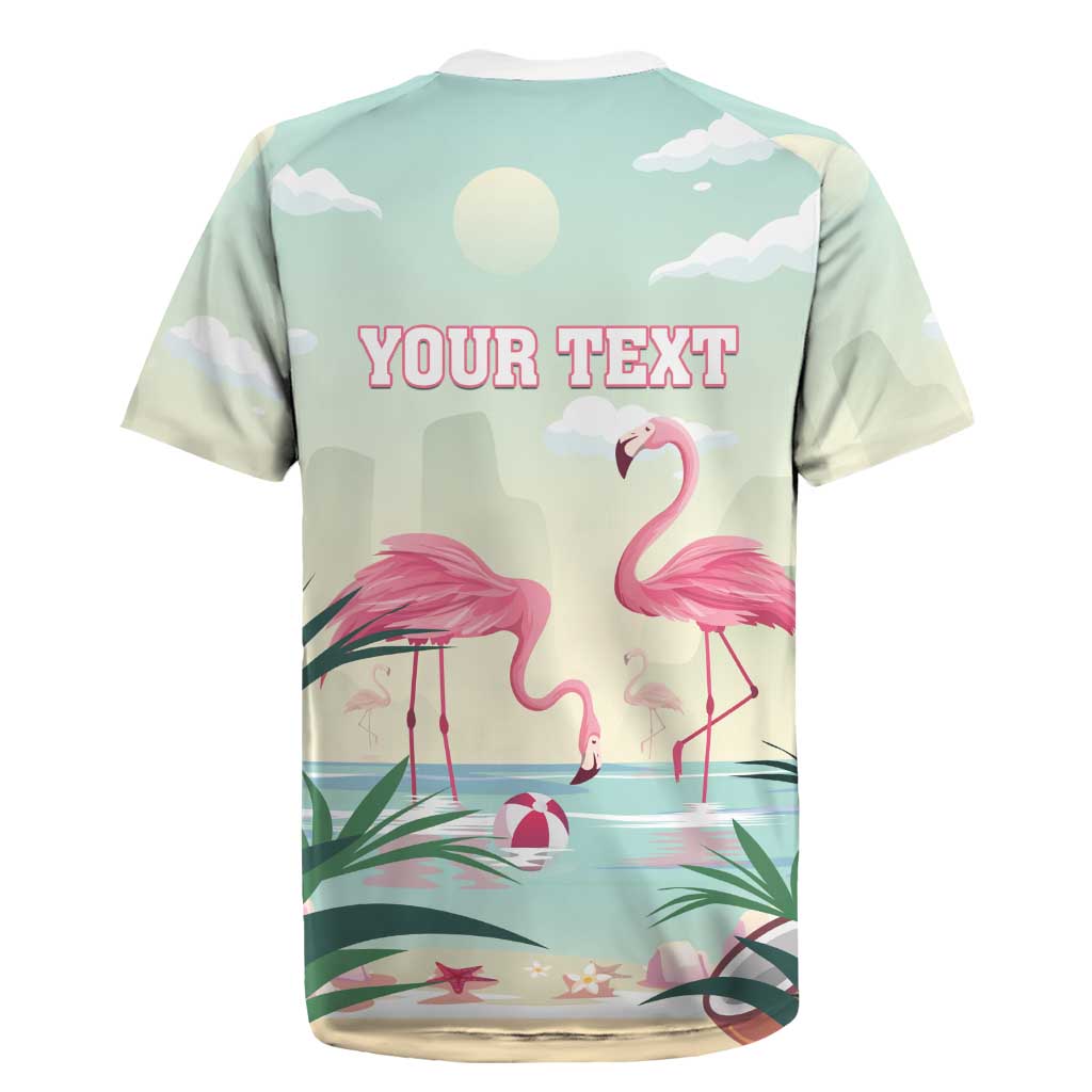 Light teal rugby polo shirt with flamingos beach graphic and 'YOUR TEXT' back print