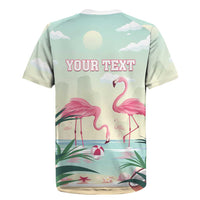 Light teal rugby polo shirt with flamingos beach graphic and 'YOUR TEXT' back print