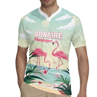 Light teal rugby polo shirt with BONAIRE Flamingos front graphic and white collar