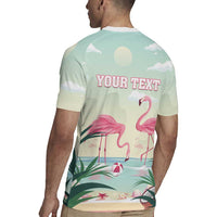 Light teal rugby polo shirt with 'YOUR TEXT' flamingos beach back print