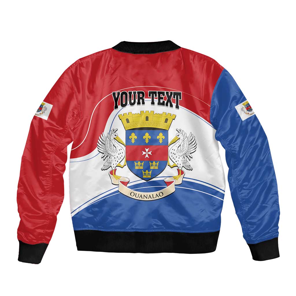 Red, blue and white bomber jacket with black ribbed cuffs and 'YOUR TEXT' crest graphic