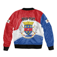 Red, blue and white bomber jacket with black ribbed cuffs and 'YOUR TEXT' crest graphic