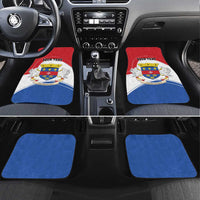 Set of four car floor mats with coat of arms crest, red and blue accents, “Your Text”
