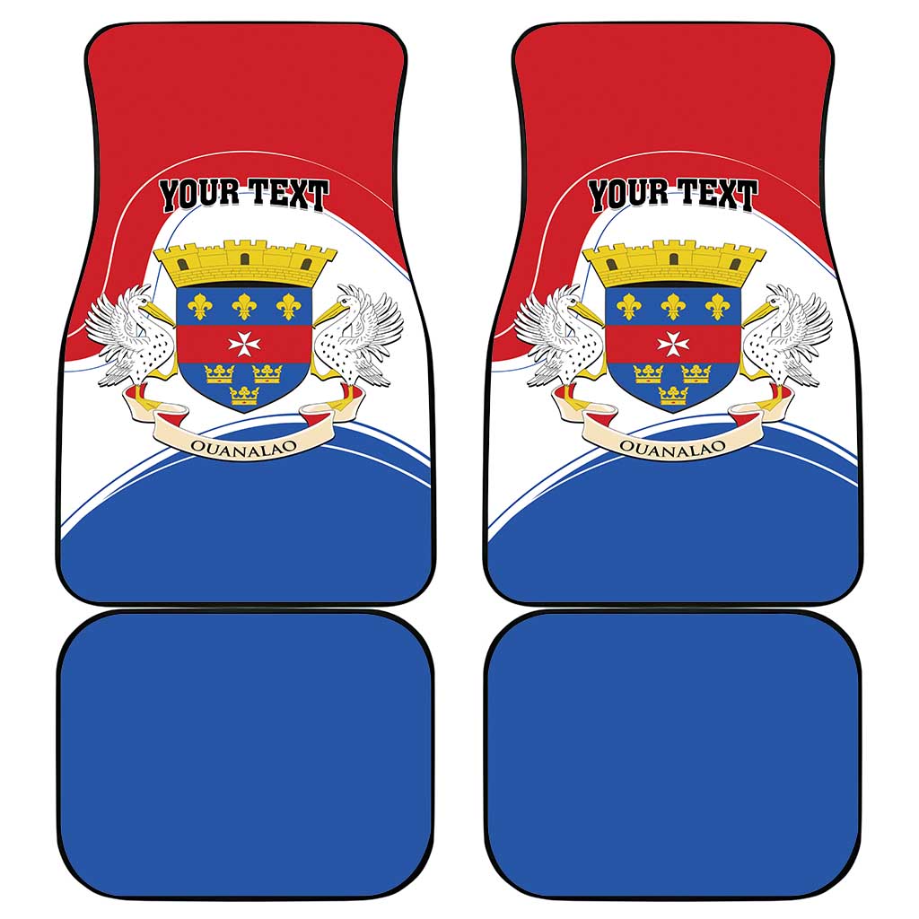 Car floor mat set showing two crest mats with “Your Text” and two solid blue mats