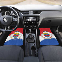 Car floor mats with coat of arms crest, red border, white center, blue bottom