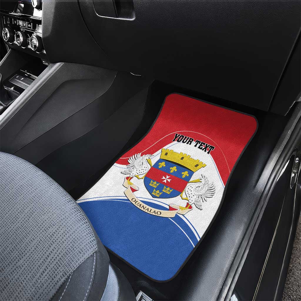Car floor mat with coat of arms crest and “Your Text,” red top, white center, blue base