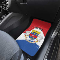 Car floor mat with coat of arms crest and “Your Text,” red top, white center, blue base