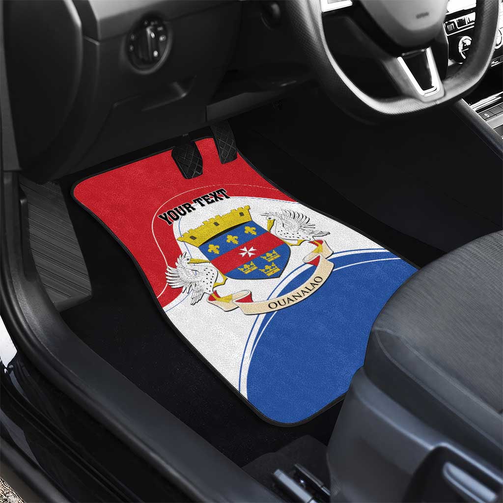 Front car floor mat featuring coat of arms crest and “Your Text,” red border on blue