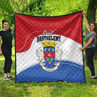 Square red, white, and blue quilt blanket with quilted texture and Saint Barthelemy coat of arms