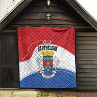 Red, white, and blue quilt blanket with Saint Barthelemy crest quilted diamond pattern
