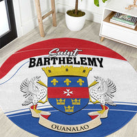 Round carpet with Saint Barthelemy Ouanalao crest, red and blue border