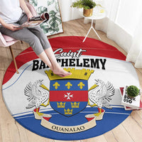 Round carpet with large Saint Barthelemy text and crest, red, blue, white