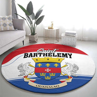 Round carpet with circular Saint Barthelemy Ouanalao emblem, red and blue trim